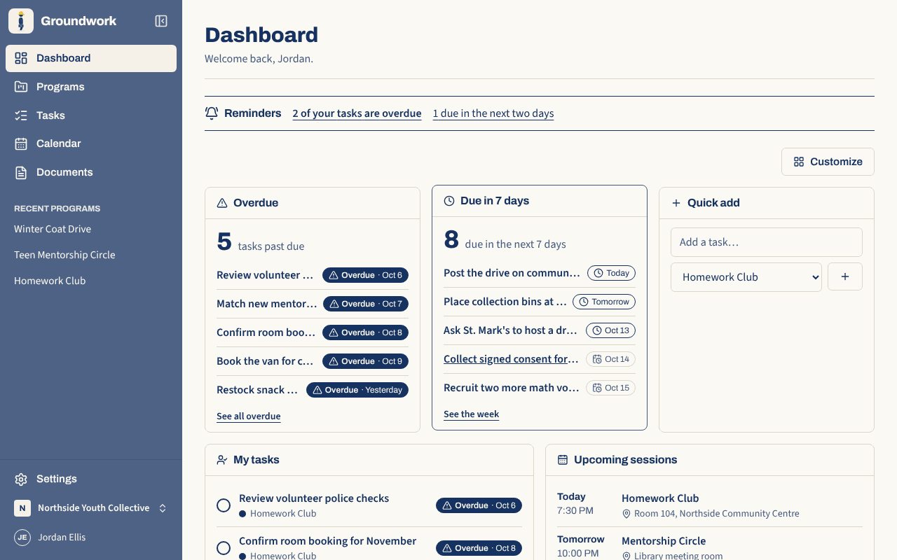 The Groundwork dashboard: reminders about overdue work, counts of overdue and upcoming items, a quick-add box, a personal to-do list and upcoming dates.